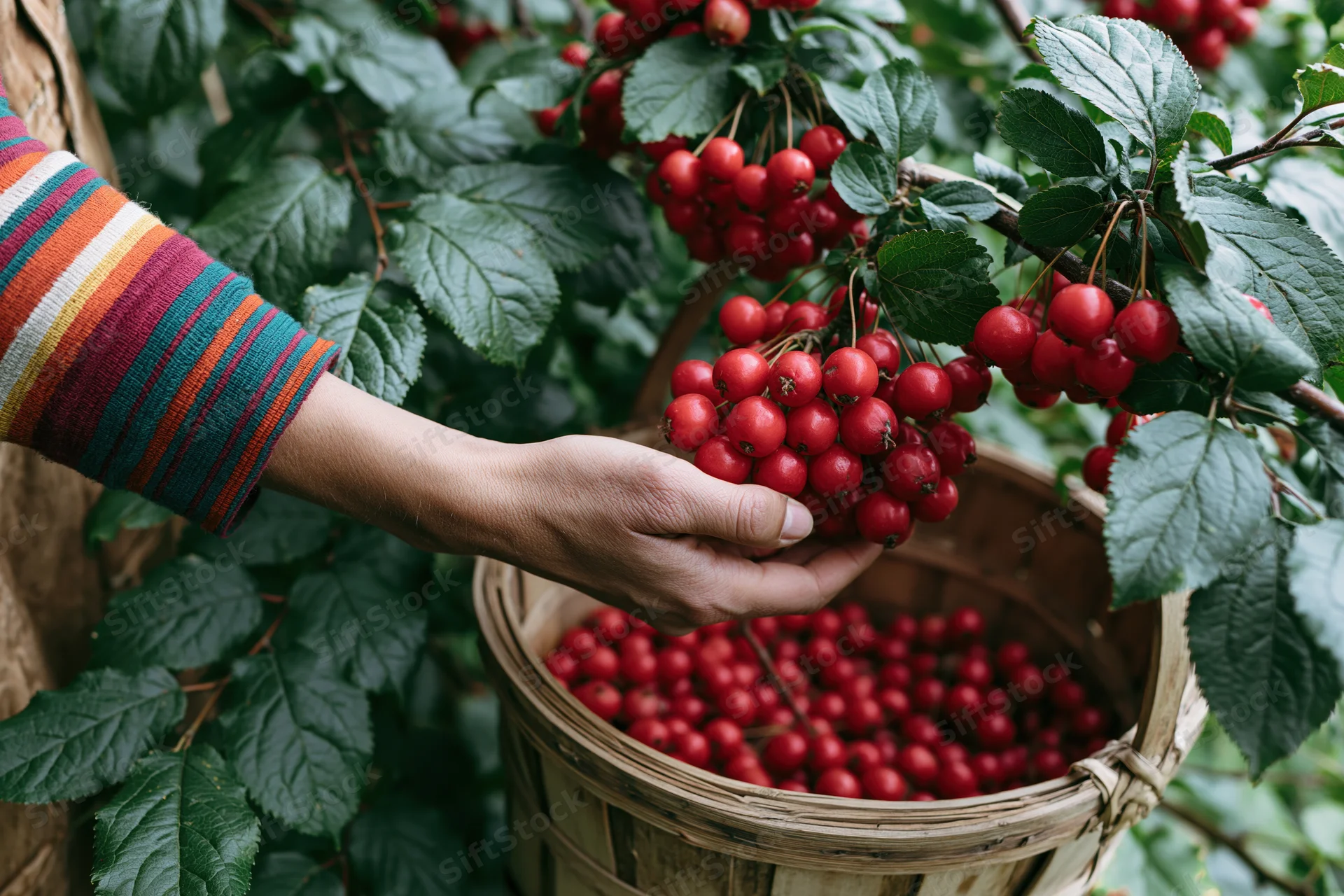 Woman’s hand picking red hawthorn berries into a woven basket among green foliage
