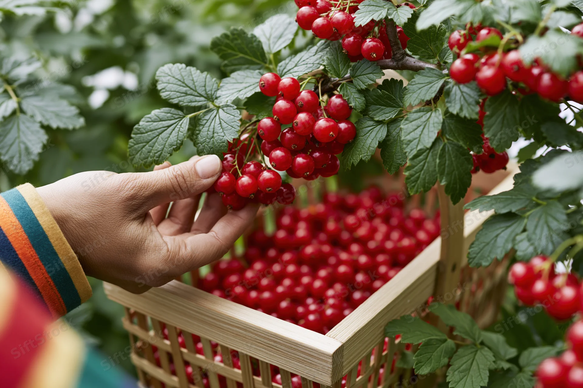 Hand picking redcurrants from a bush into a wooden basket in a garden