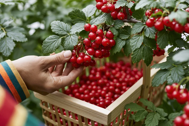 Hand picking redcurrants from a bush into a wooden basket in a garden
