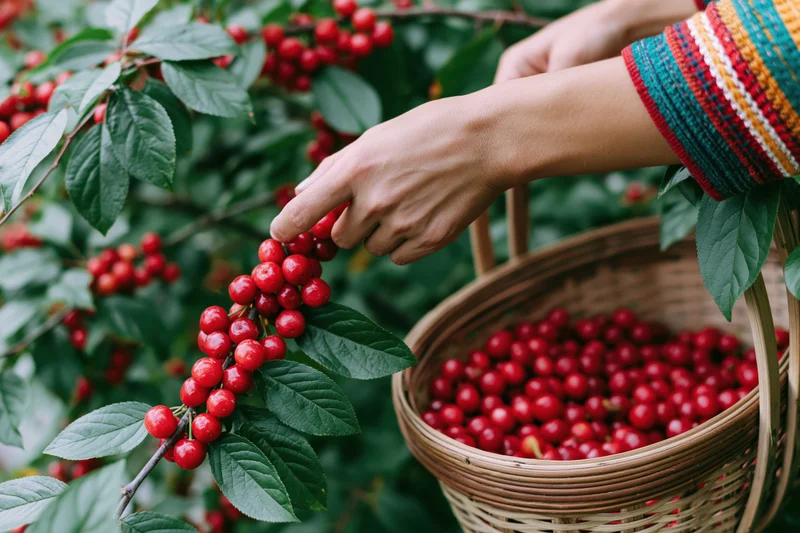 Woman picking ripe red cherries from a tree branch into a wicker basket in a garden