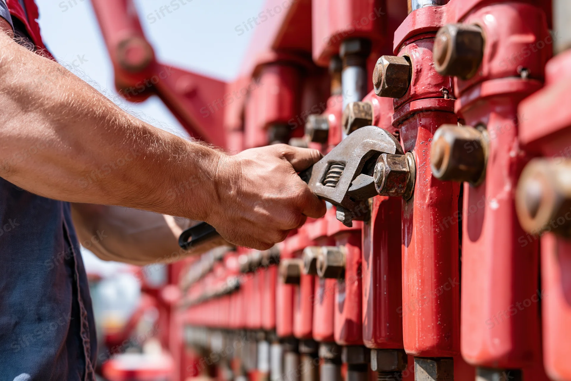 Mechanic tightening bolt on red farm machinery with wrench outdoors