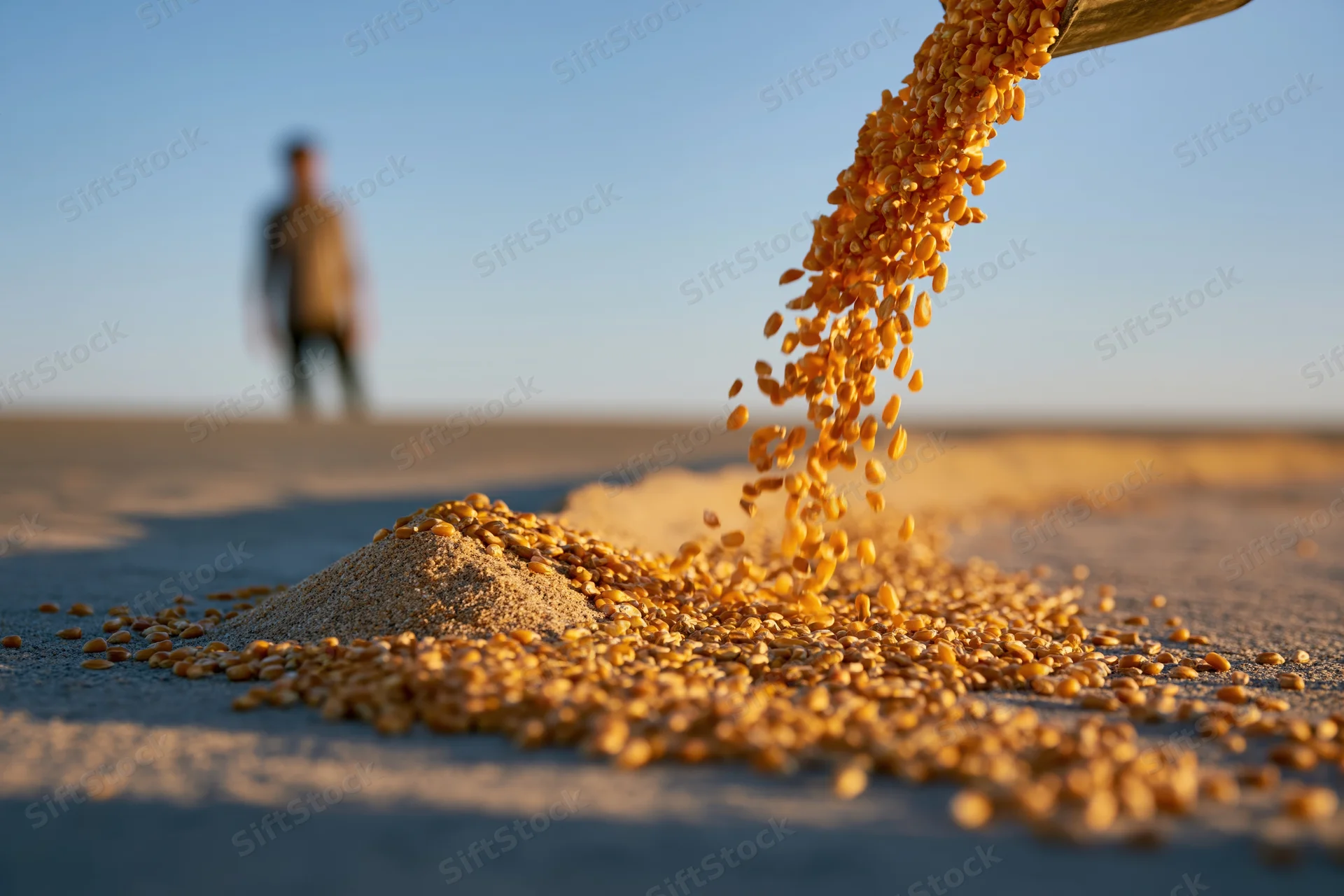 Wheat grains pouring from a scoop onto sandy ground with a farmer in the distance under a clear blue sky