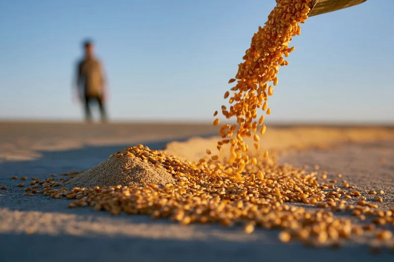 Wheat grains pouring from a scoop onto sandy ground with a farmer in the distance under a clear blue sky