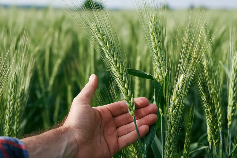 Farmer's hand touching green wheat in a sunlit field