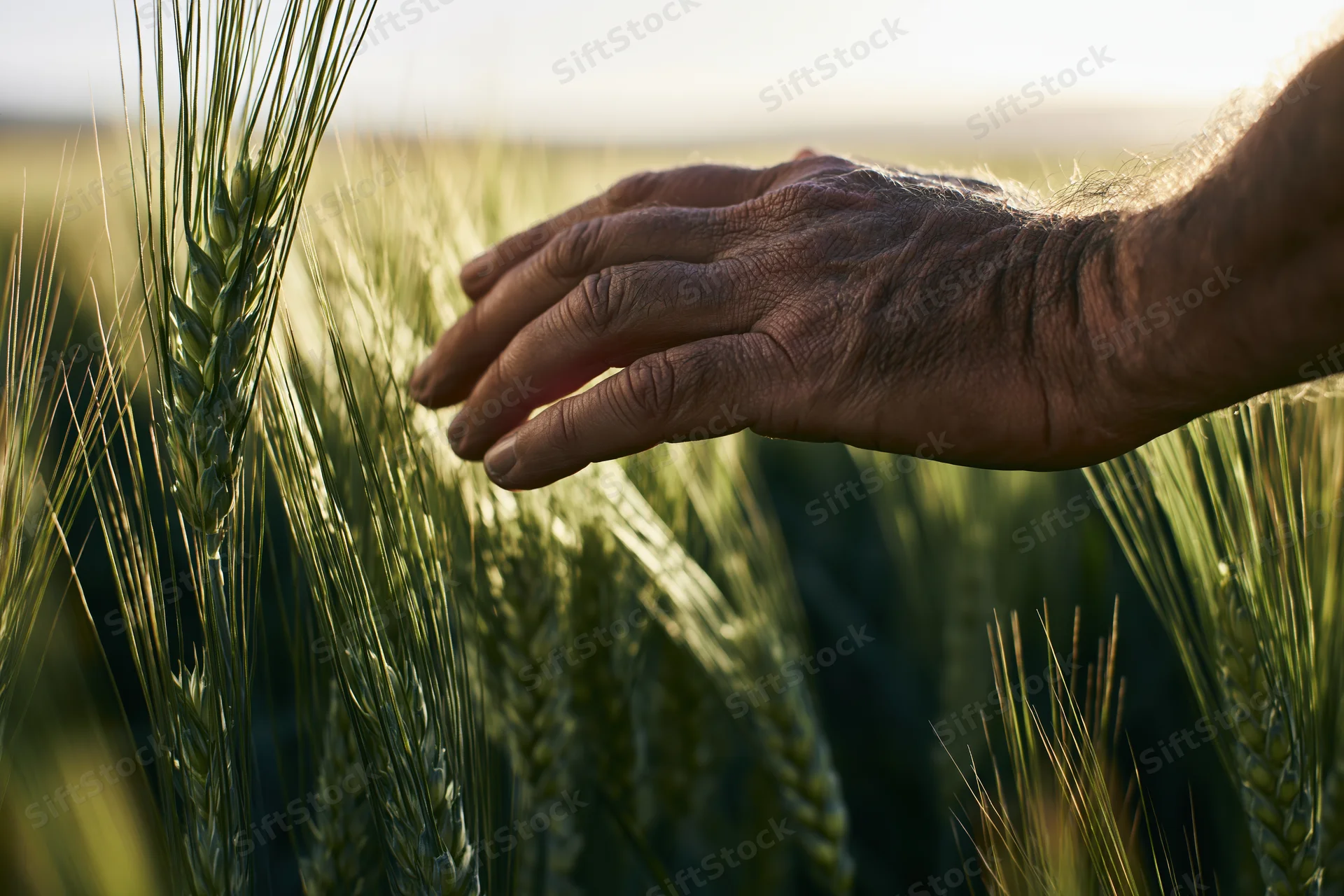 Weathered hand gently touching wheat stalks in a sunlit field