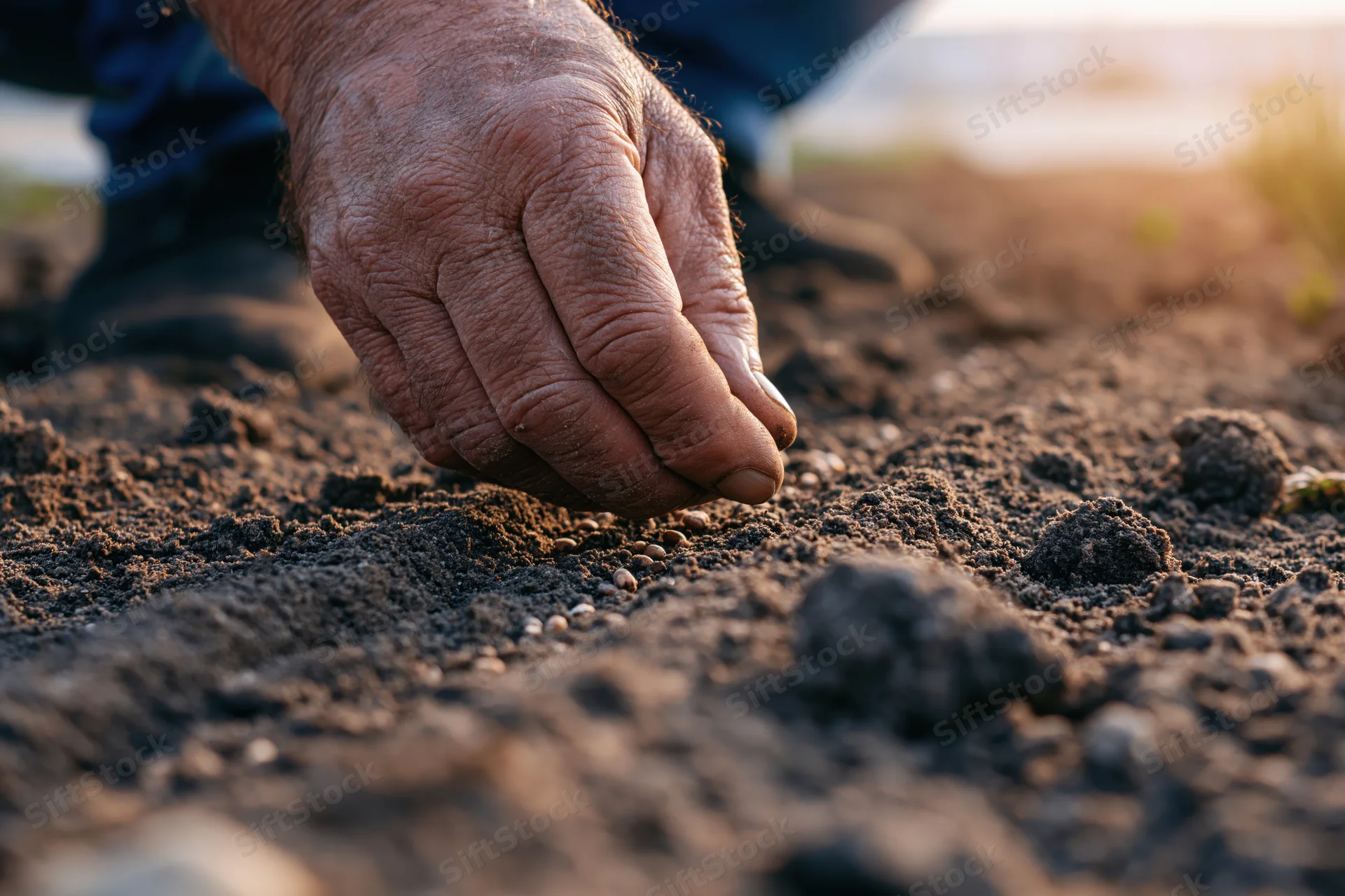 Weathered hand planting seeds in tilled soil outdoors
