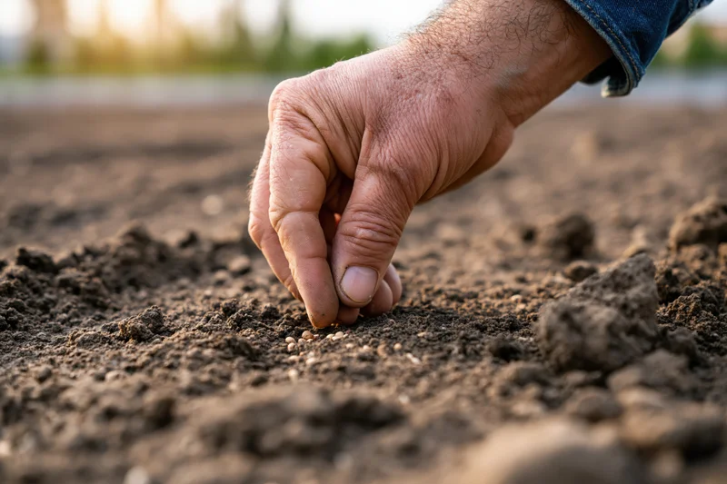 Farmer's hand planting seeds in tilled soil outdoors