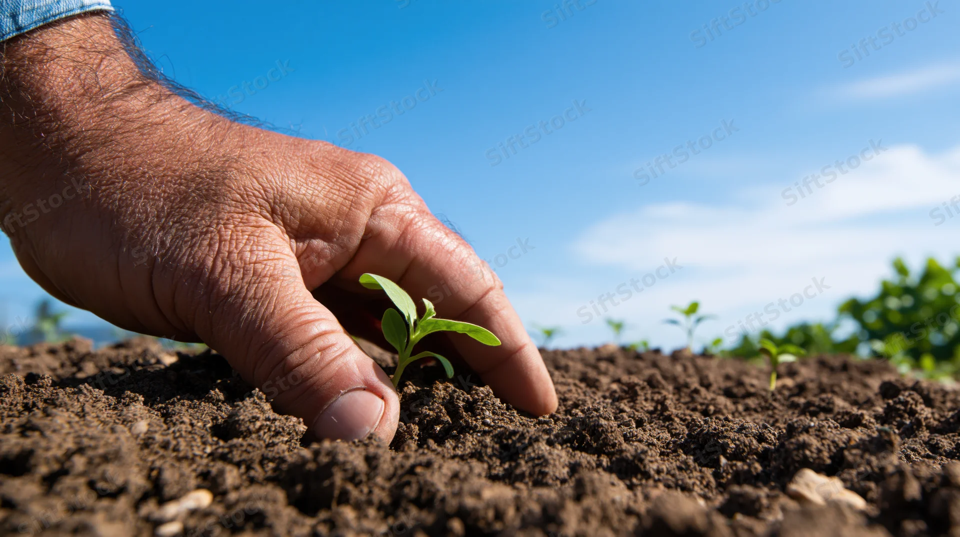 Weathered hand gently touching a small green seedling in rich soil under a clear blue sky