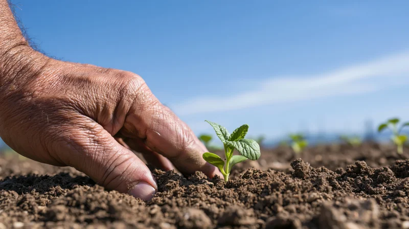Weathered hand gently touching a small green seedling in tilled soil under a clear blue sky