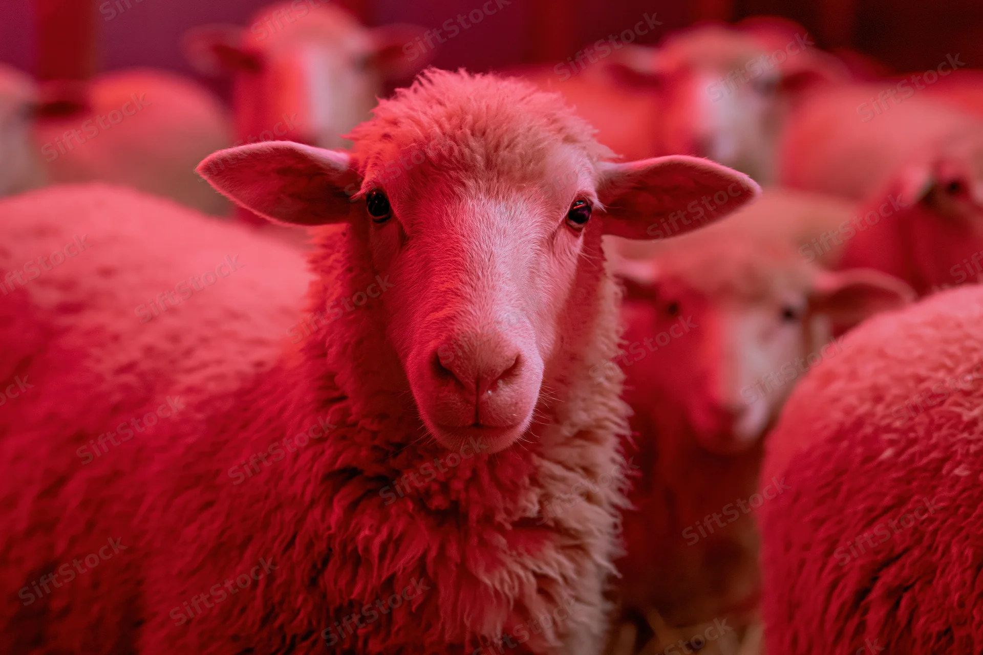 Close-up of a woolly sheep facing forward in a red-lit barn with other sheep in the background