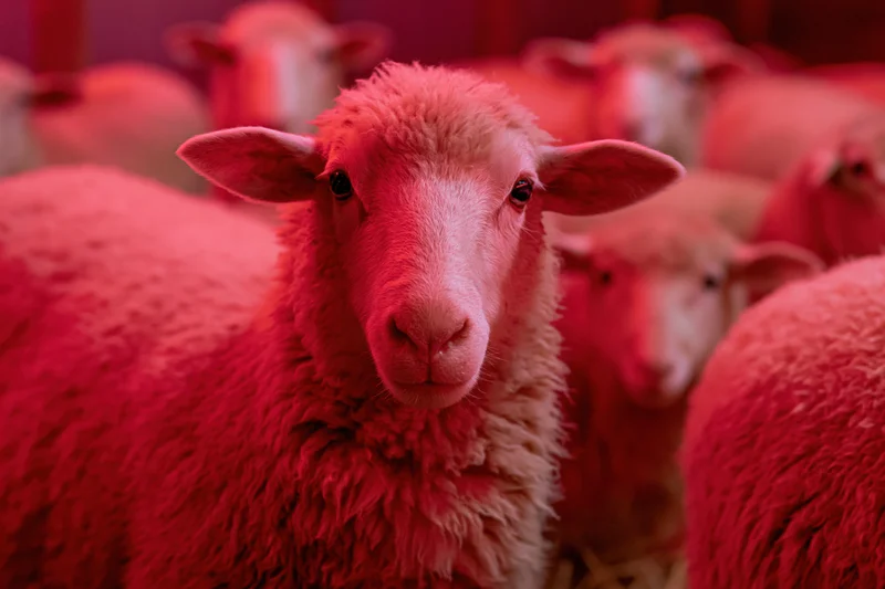 Close-up of a woolly sheep facing forward in a red-lit barn with other sheep in the background
