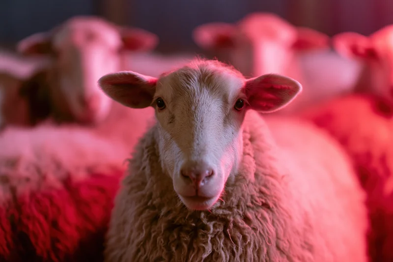 Close-up of a woolly sheep facing forward in a herd under pink lighting
