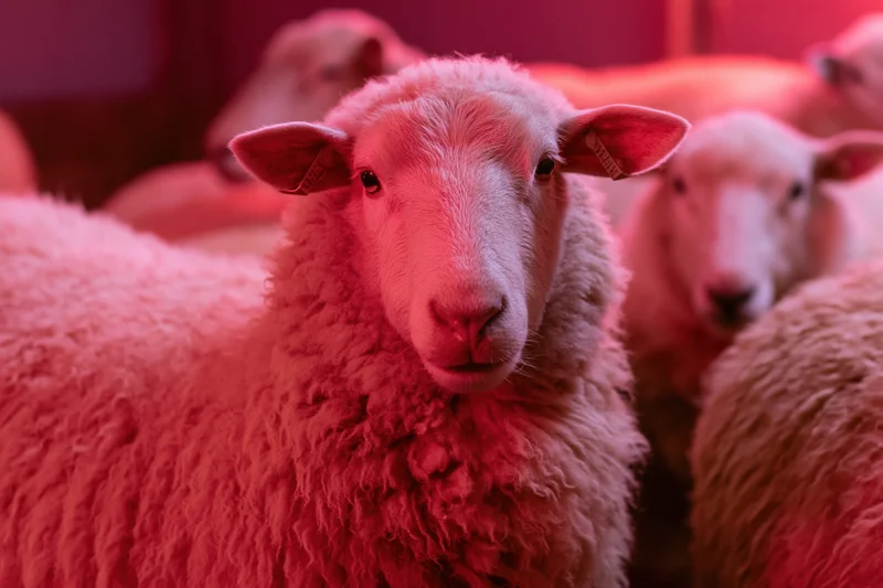Close-up of a woolly sheep facing forward in a barn with pink lighting, surrounded by other sheep