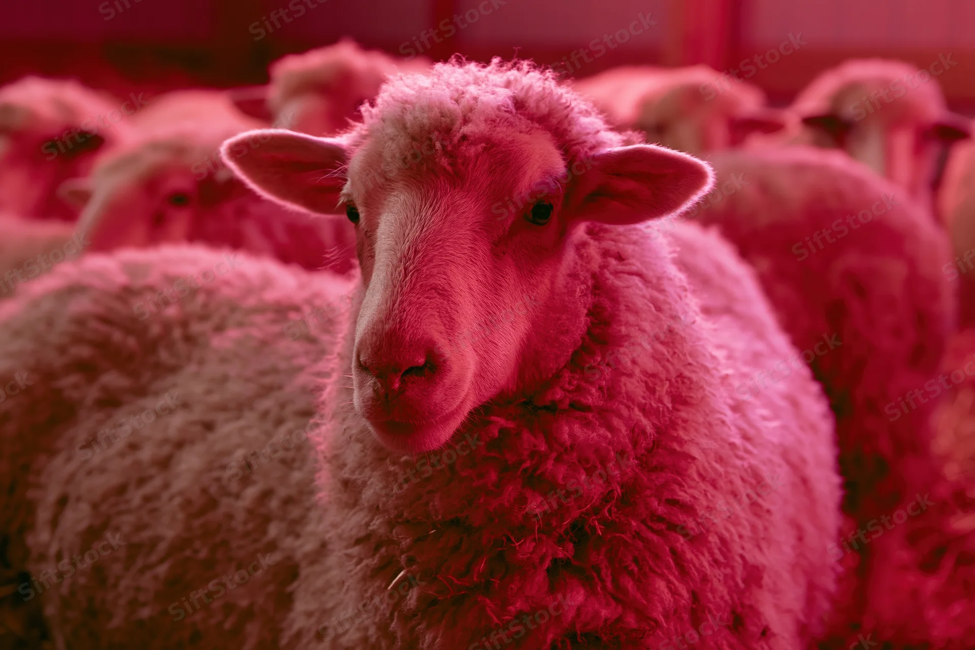 Close-up of a woolly sheep facing forward in a pink-lit indoor barn with other sheep in the background
