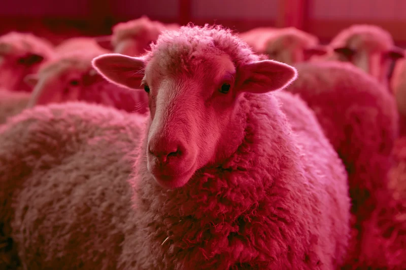 Close-up of a woolly sheep facing forward in a pink-lit indoor barn with other sheep in the background