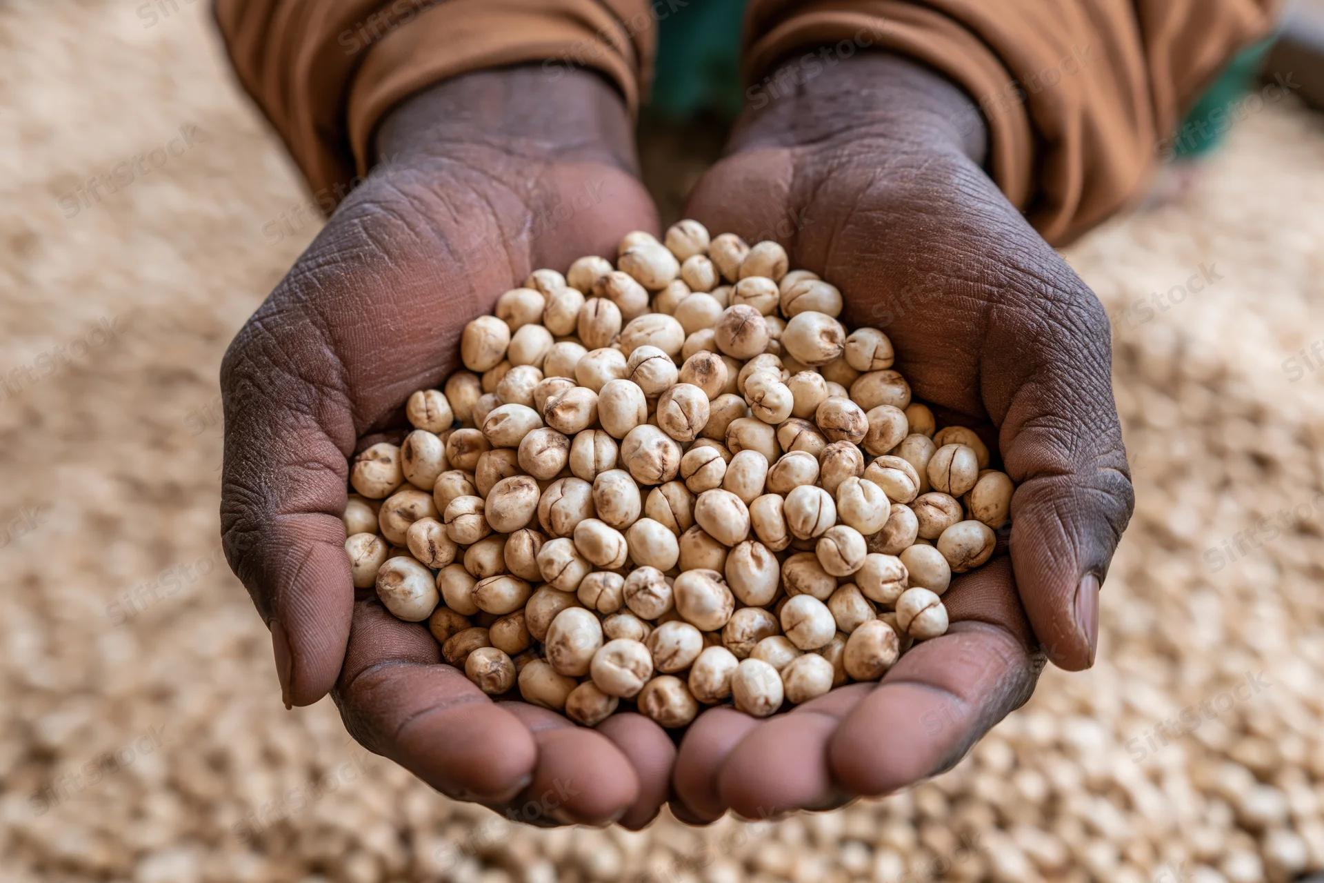 Darkskinned hands holding unroasted coffee beans in a close-up view over a spread of beans