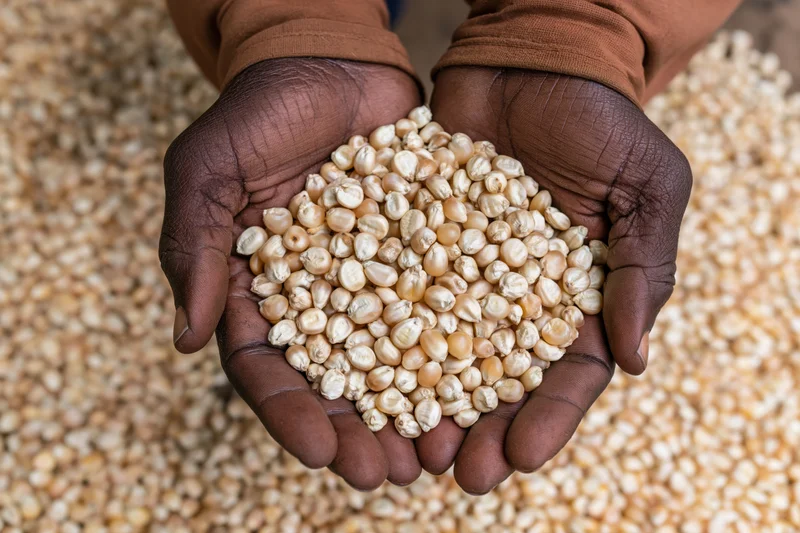 Dark-skinned hands holding dried corn kernels over a pile of grain