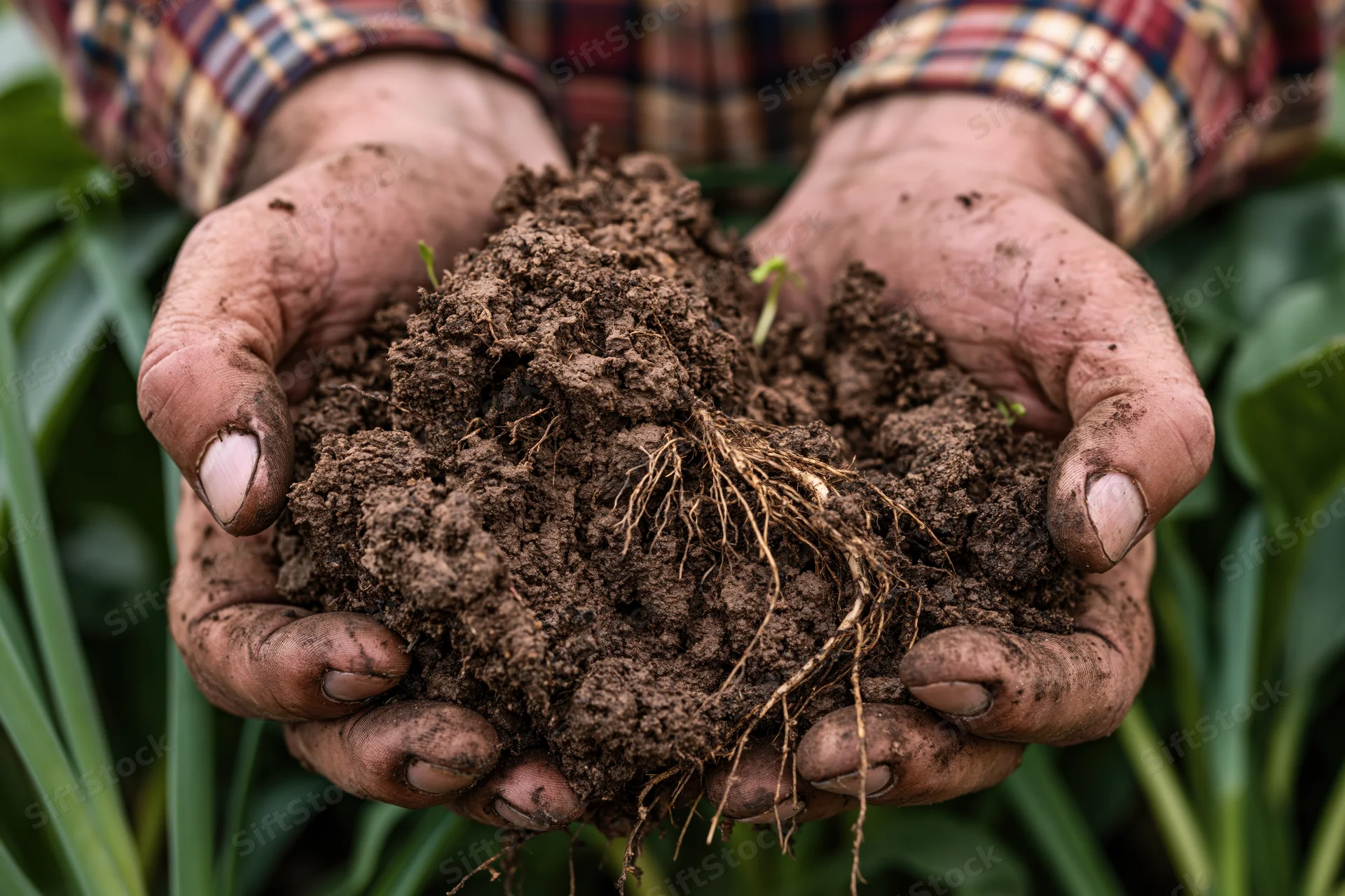 Weathered hands holding rich soil with plant roots and green shoots in a garden setting