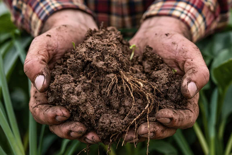 Weathered hands holding rich soil with plant roots and green shoots in a garden setting