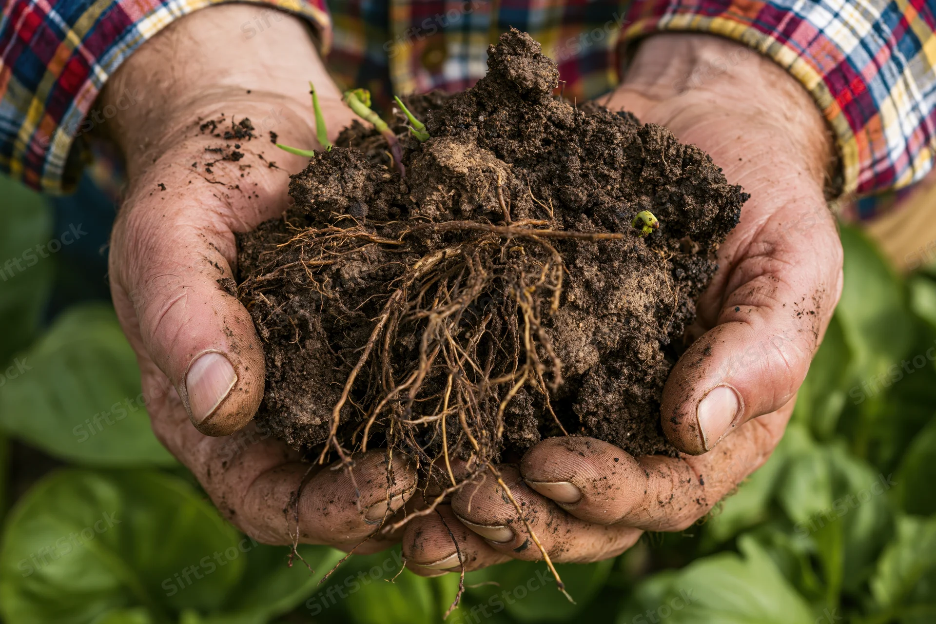 Weathered hands holding a clump of soil with plant roots and green shoots, surrounded by leafy greens in a garden