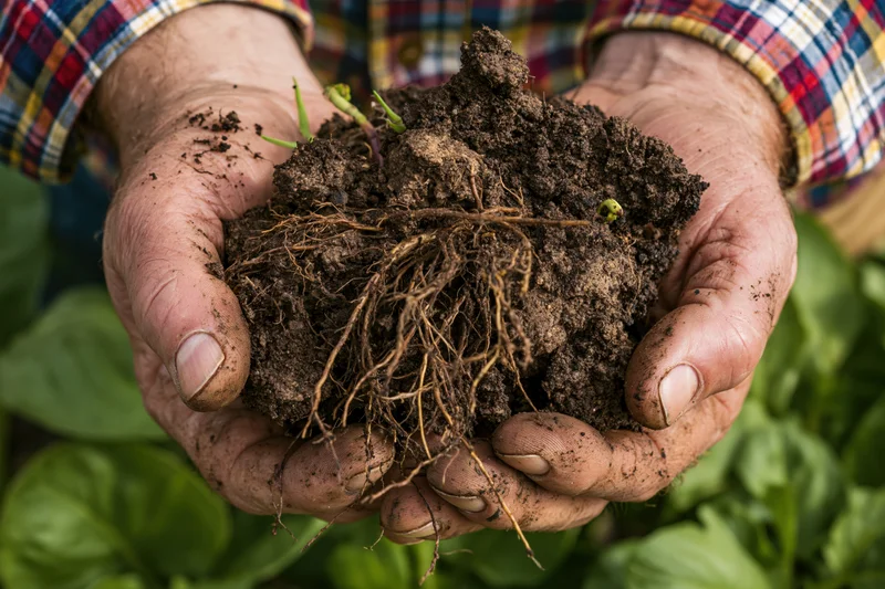 Weathered hands holding a clump of soil with plant roots and green shoots, surrounded by leafy greens in a garden