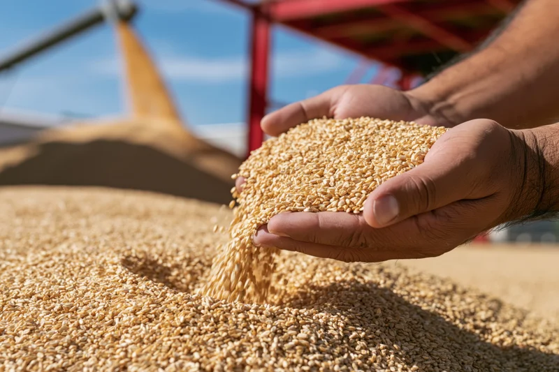 Hands cupping wheat grains over a pile in a farm field under sunlight