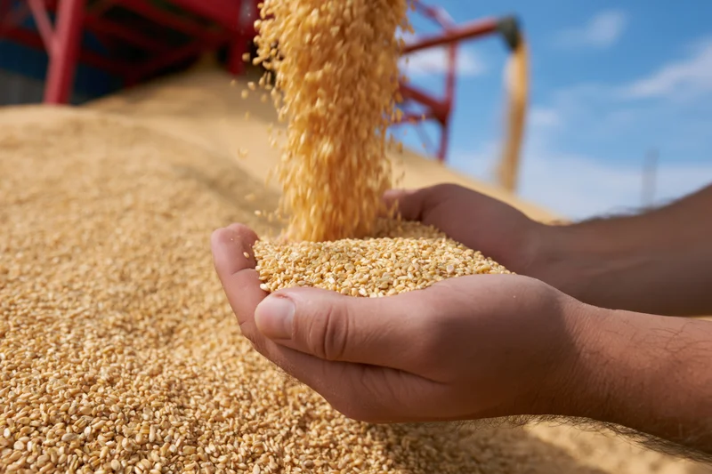 Hands cupping flowing wheat grains in a field near a grain silo