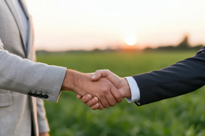 Two men in suits shaking hands in a green field at sunset