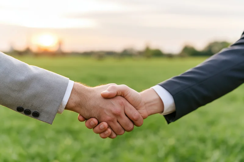 Two men in suits shaking hands in a green field at sunset
