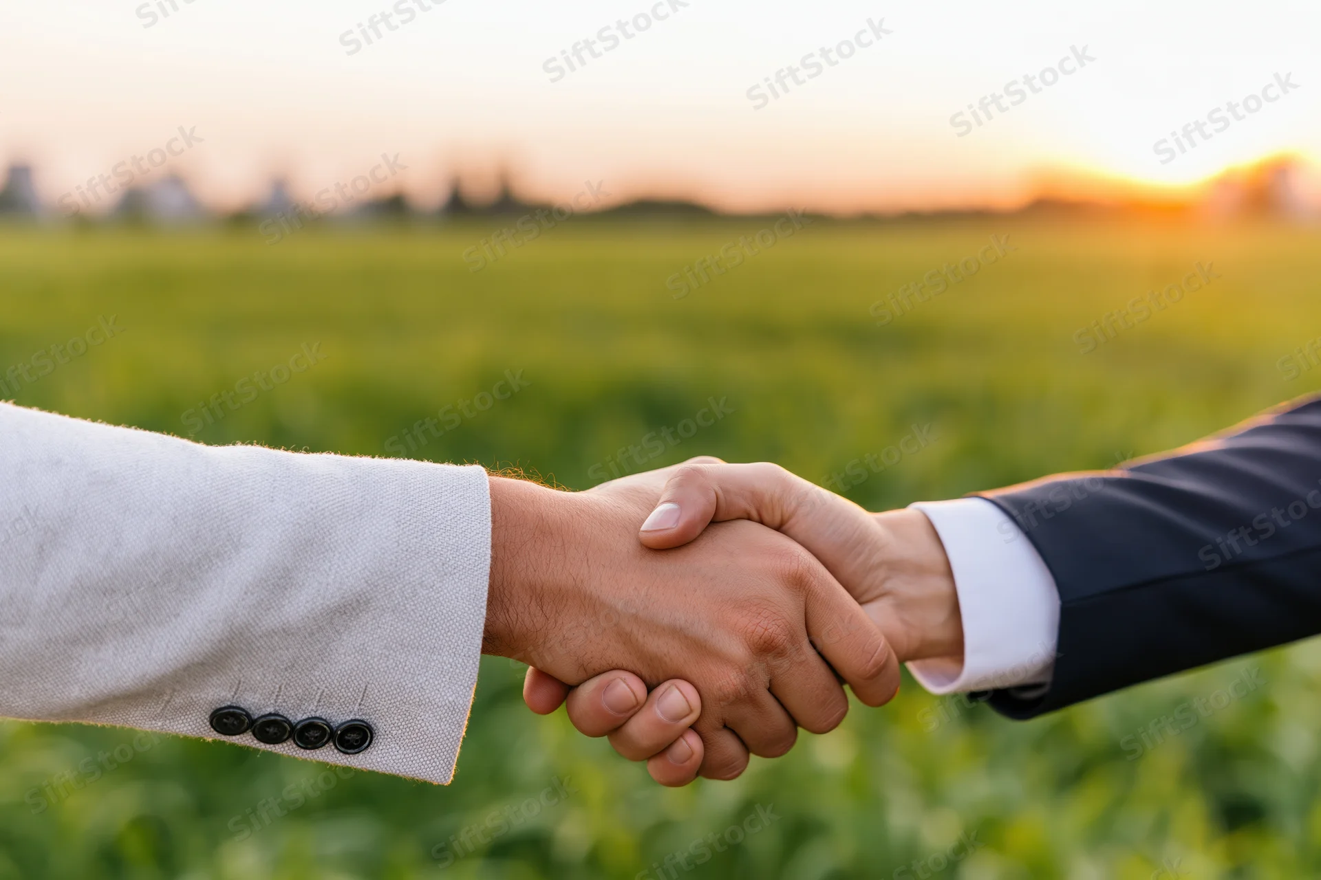 Two men in suits shaking hands over a green field at sunset