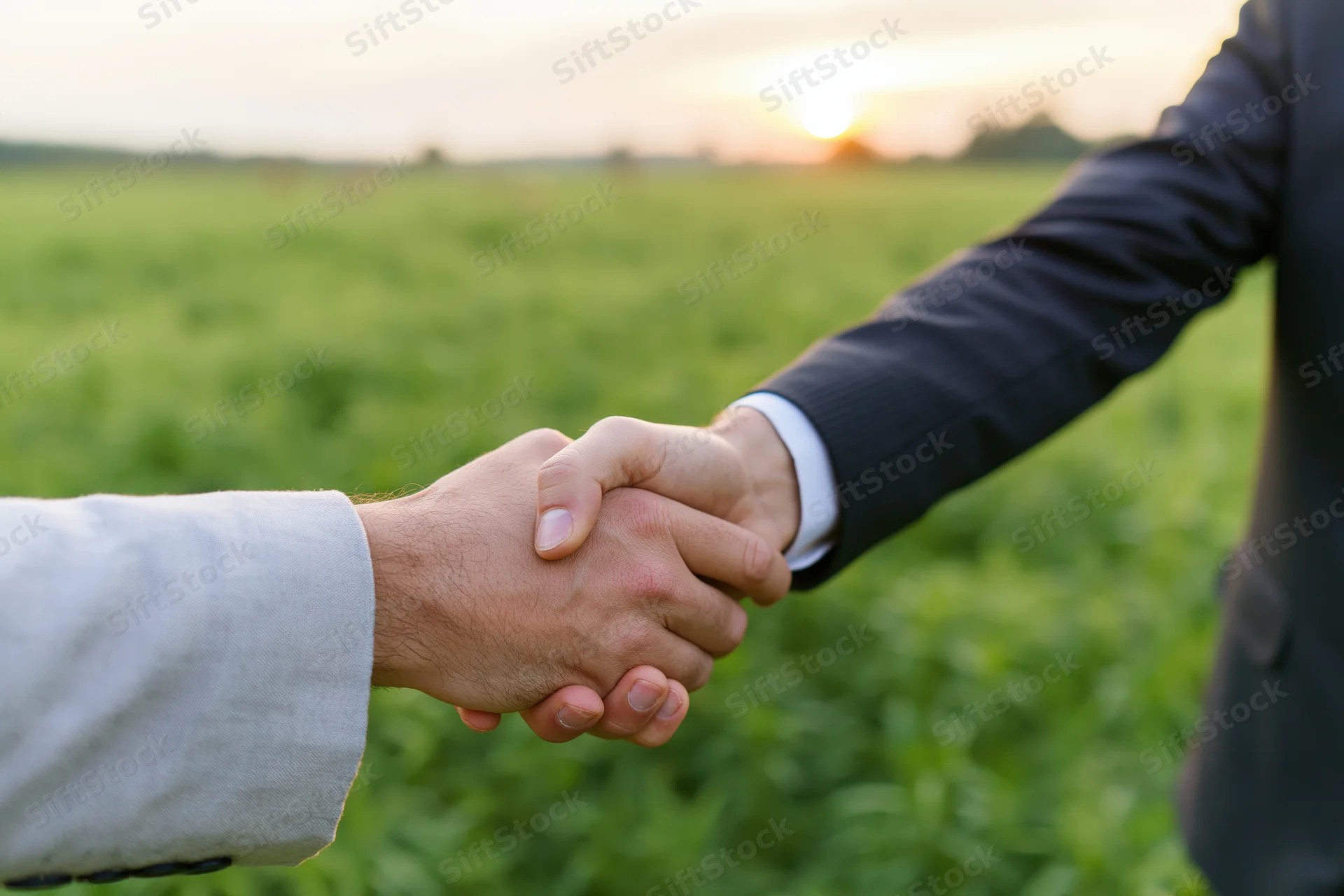 Two men shaking hands in a green field at sunset