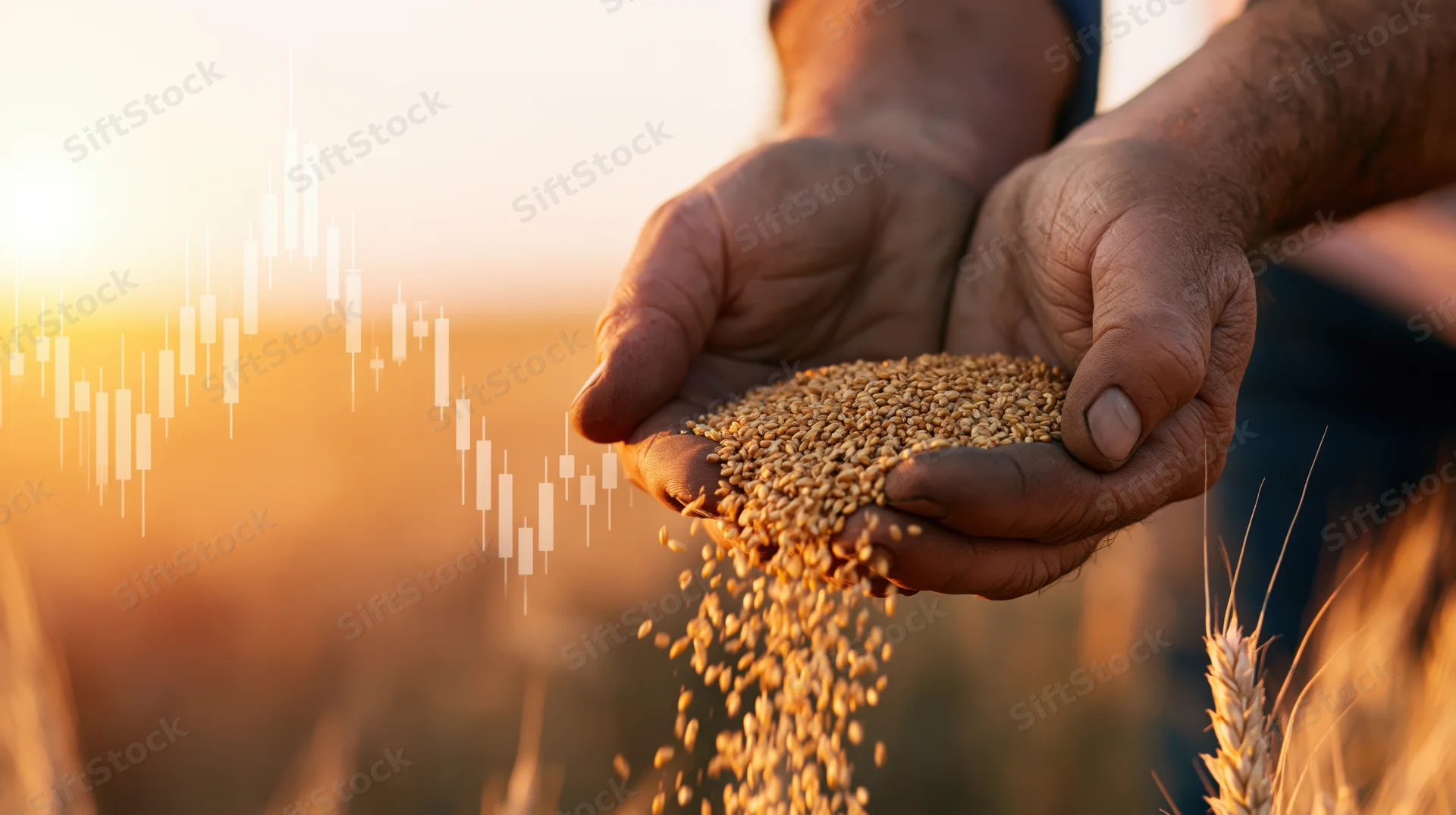 Weathered hands holding wheat grains over a field at sunset with digital market data overlay