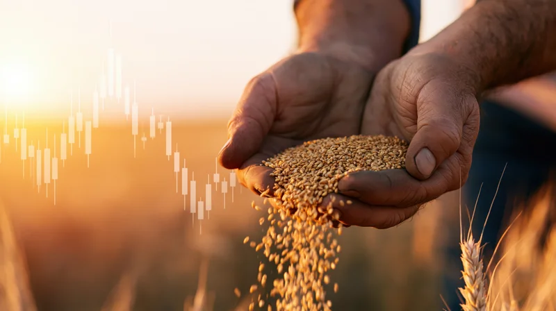 Weathered hands holding wheat grains over a field at sunset with digital market data overlay