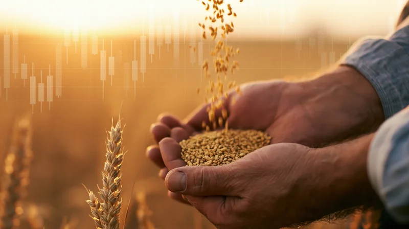 Weathered hands holding wheat grains in a field at sunset with financial charts overlaid