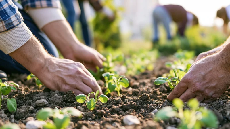 Hands planting young seedlings in soil outdoors