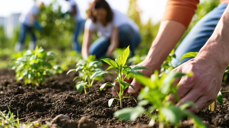 Hands planting young seedlings in soil at a community garden