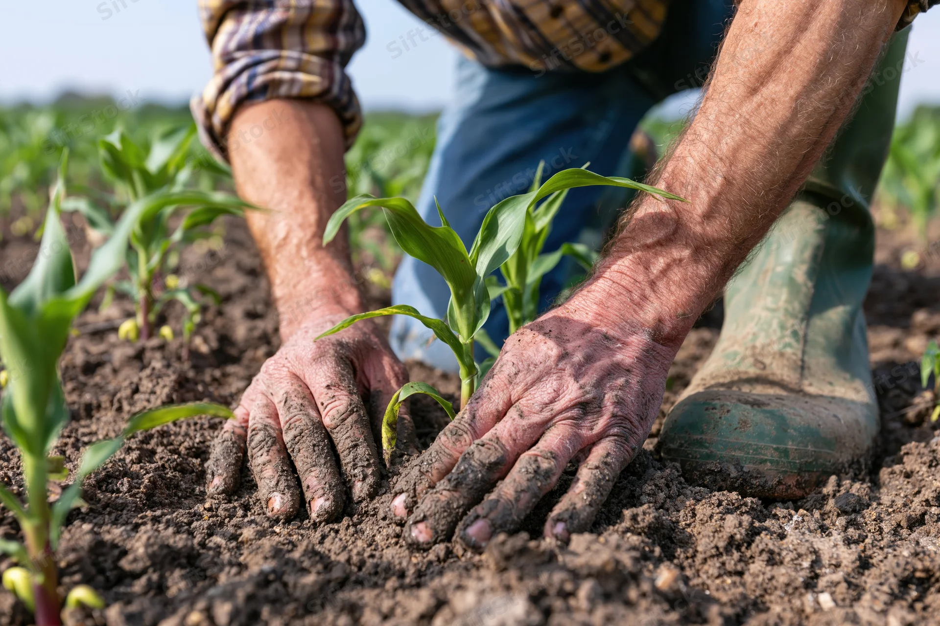 Farmer planting corn seedlings in soil with hands covered in dirt