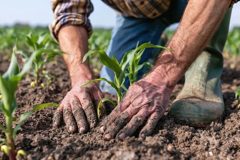 Farmer planting corn seedlings in soil with hands covered in dirt