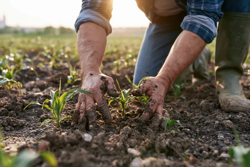 Farmer planting corn seedlings in a field with hands in soil