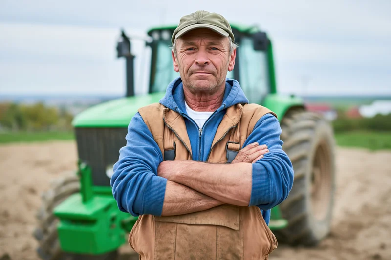Senior farmer standing with arms crossed in front of green tractor on plowed field