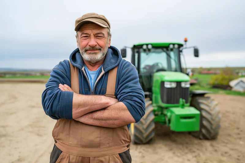 Senior farmer standing with arms crossed in a field beside a green tractor