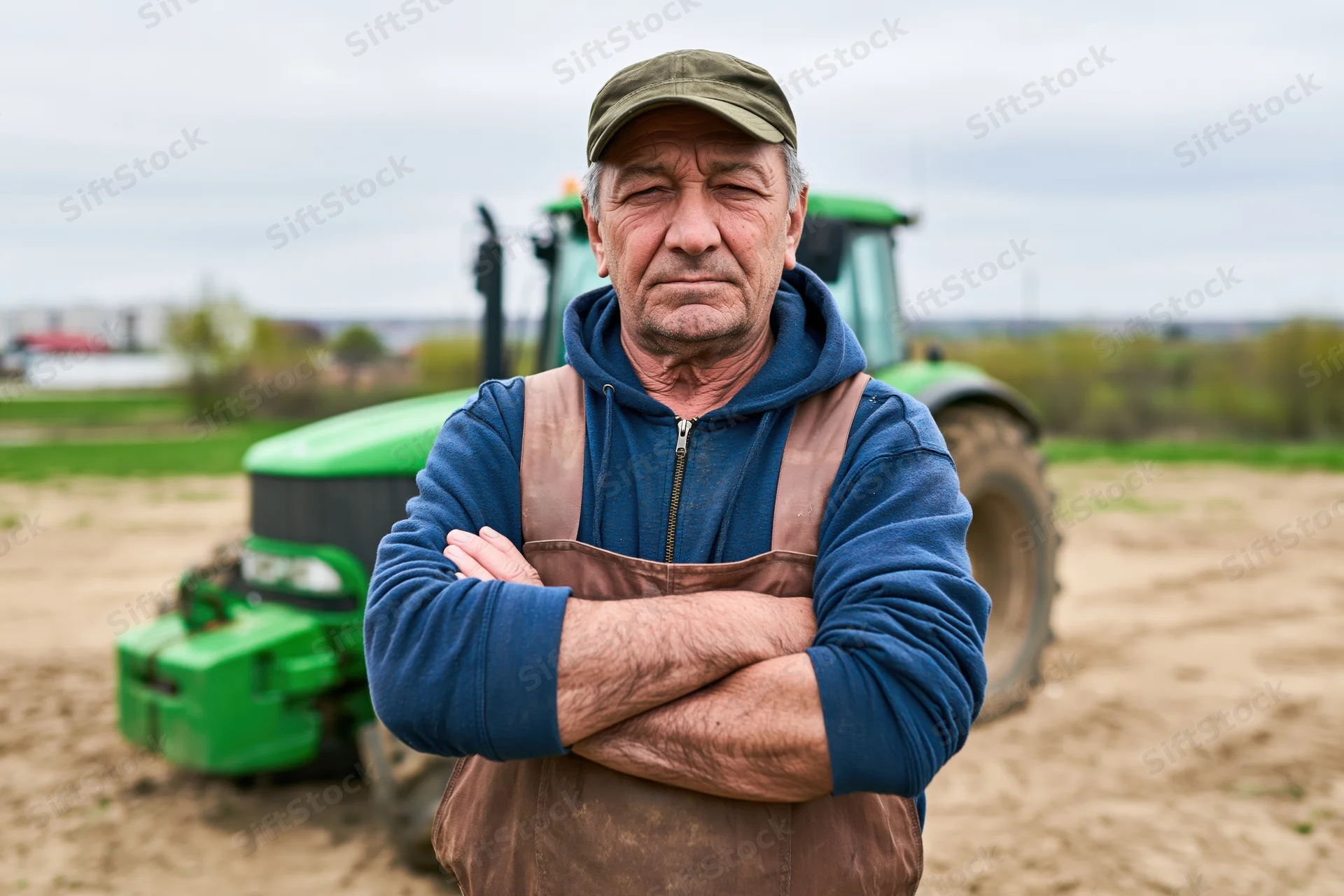 Senior farmer standing with arms crossed in front of green tractor on plowed field