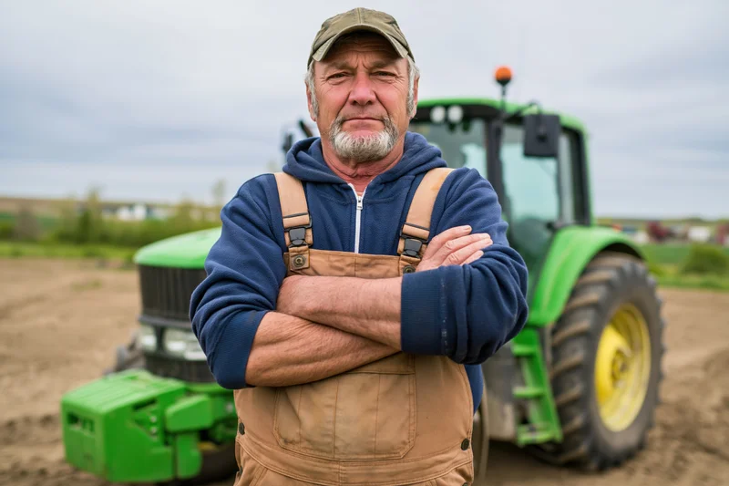 Senior farmer standing with arms crossed in front of green tractor on tilled field