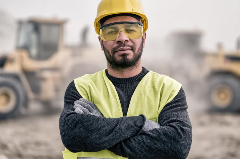 Construction worker with arms crossed wearing safety gear on a construction site