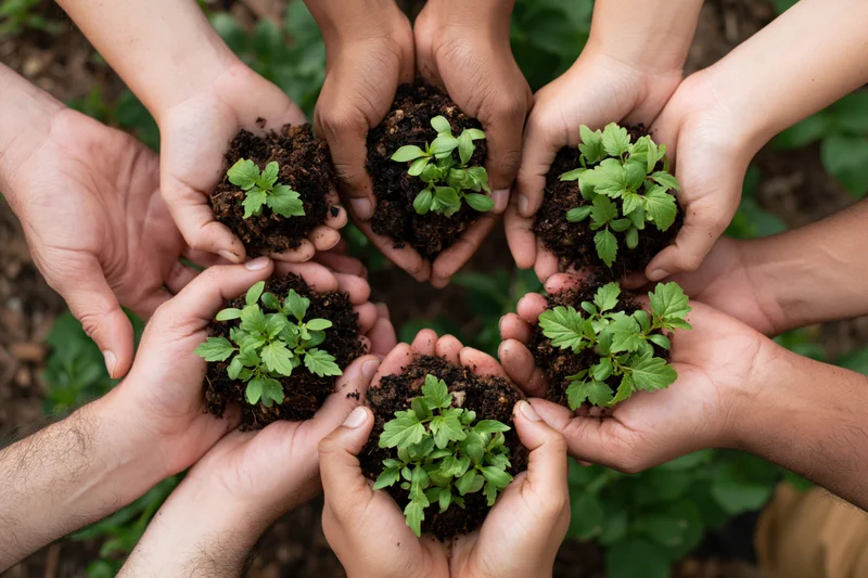 Diverse hands holding small green plants with soil in a circle outdoors