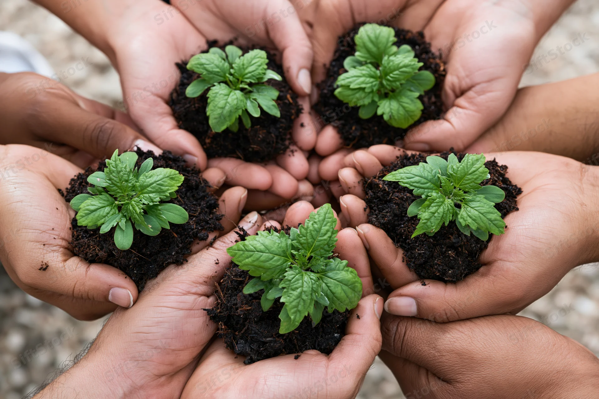 Diverse hands holding small green plants in soil arranged in a circle