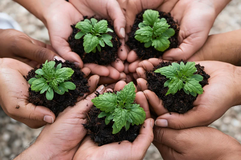 Diverse hands holding small green plants in soil arranged in a circle