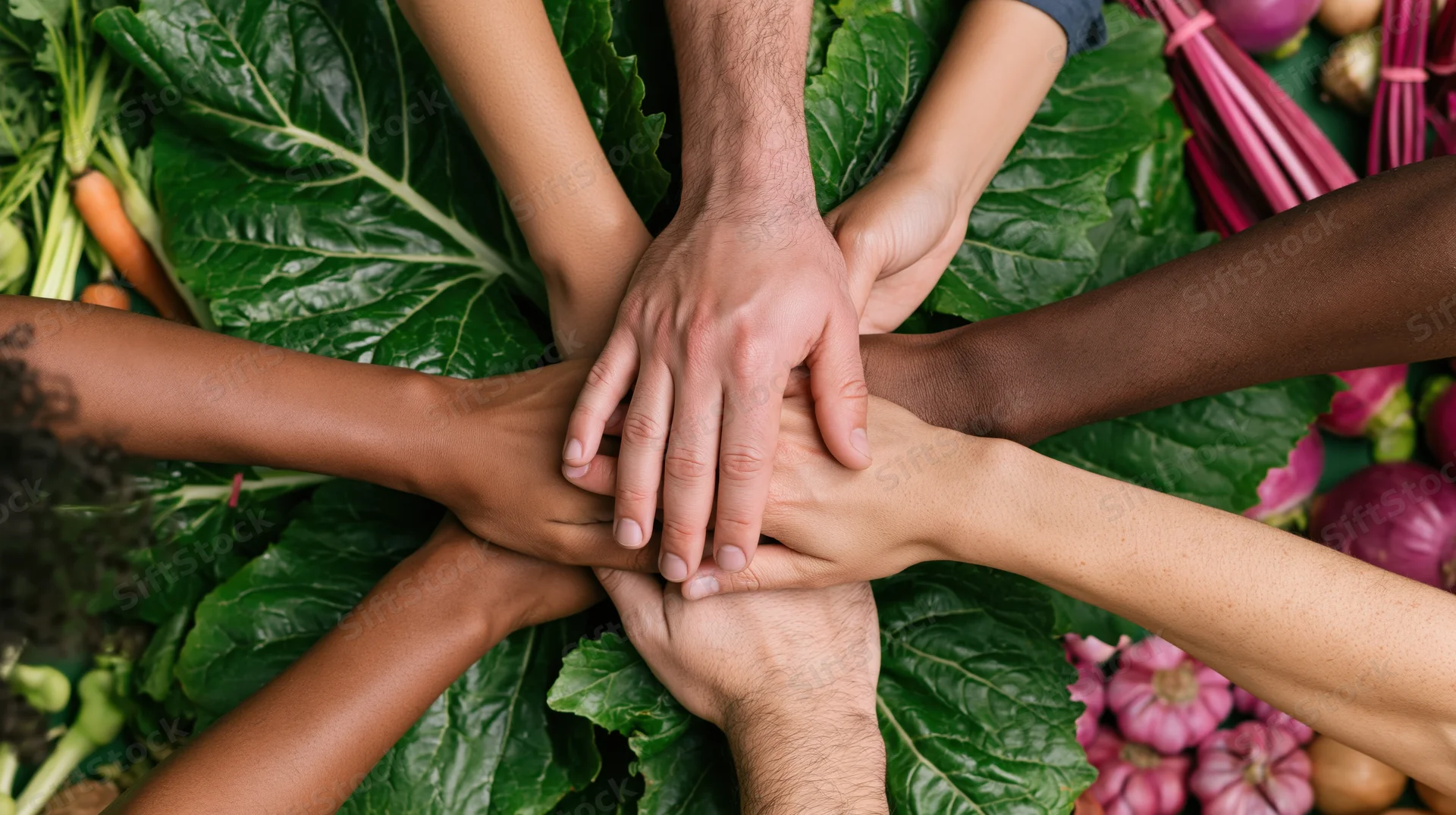 Diverse hands stacked together on a bed of fresh vegetables