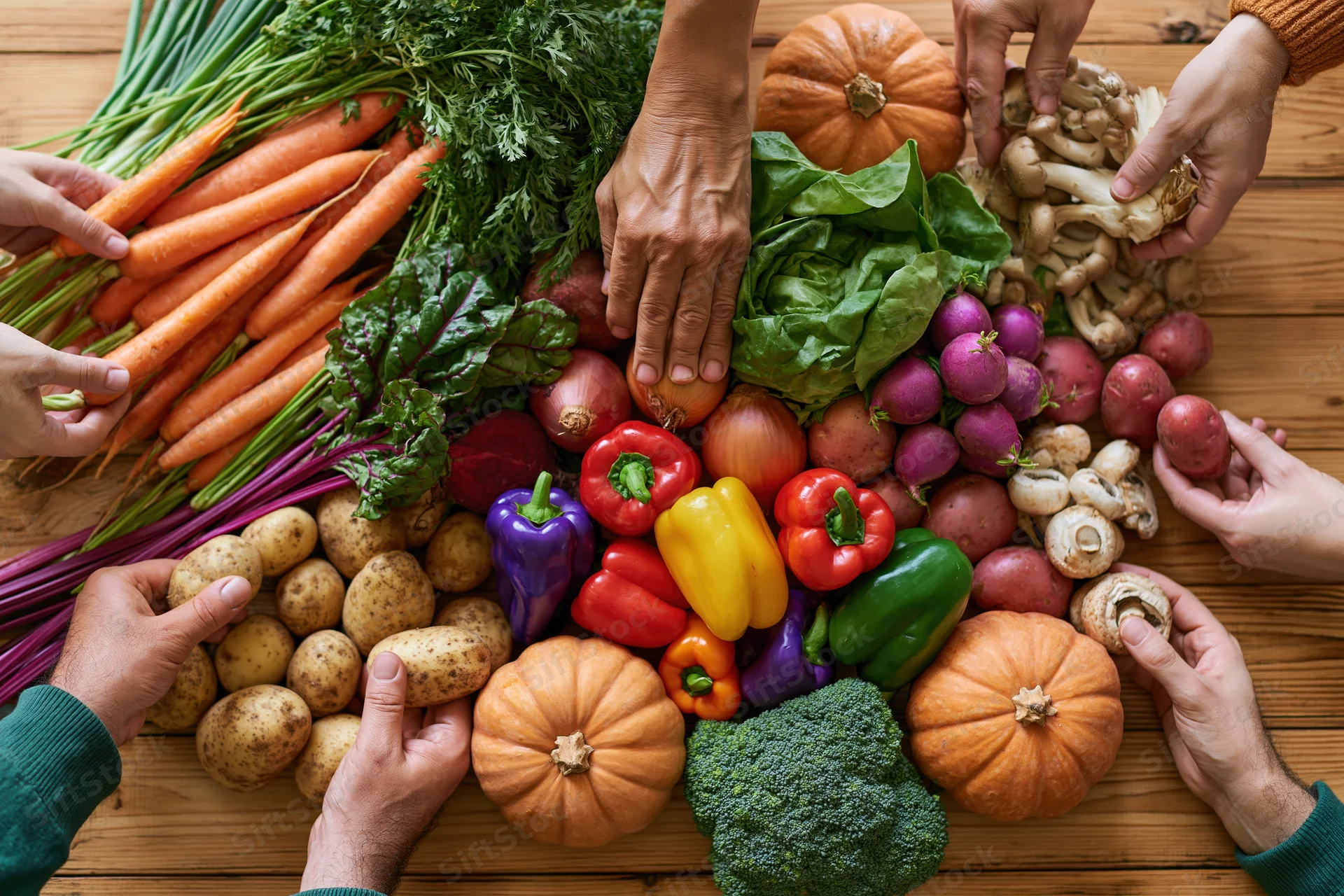 Hands reaching for fresh vegetables arranged on a wooden table