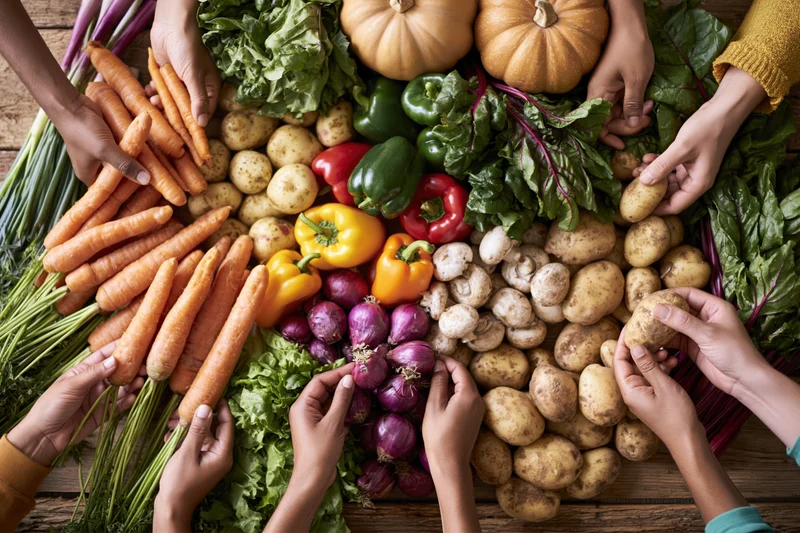 Diverse hands reaching for fresh vegetables arranged on a wooden table